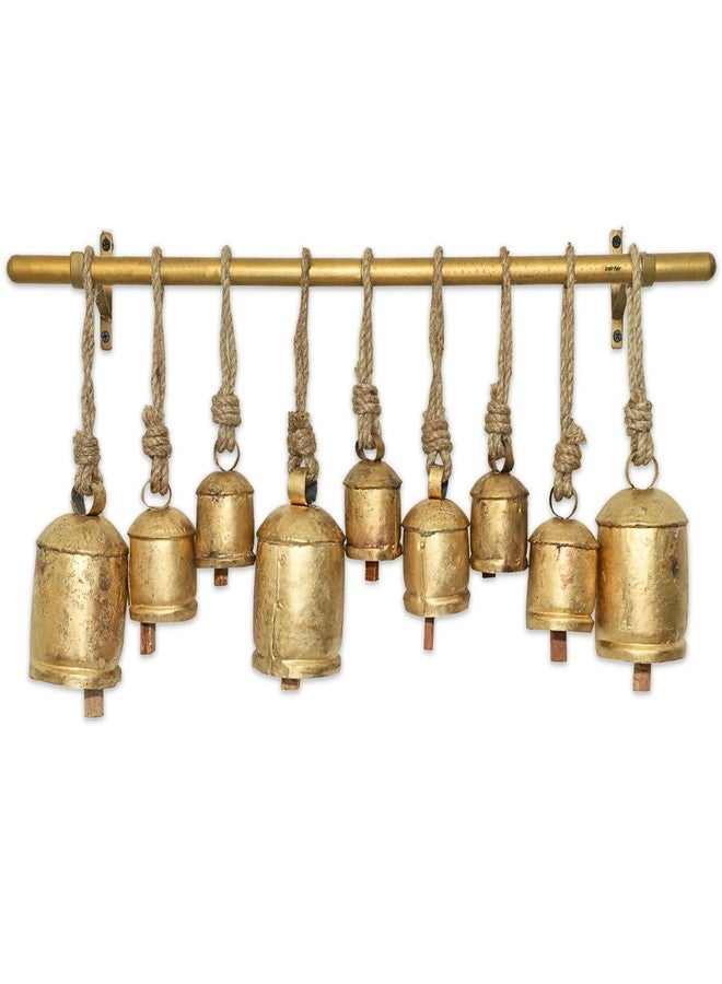 Carfar Rustic Gold Cow Bell Chime Set - Small 9-Bell Design on 2-Rod Hanging Bar with 2", 4", and 6" Vintage Bells for Home and Garden Décor - Image 1